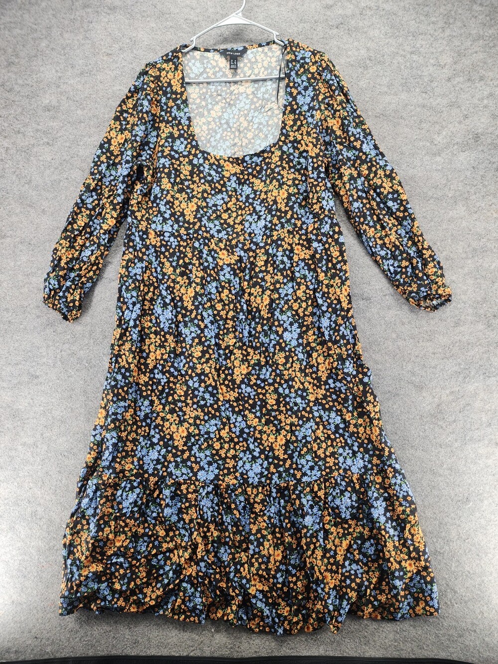 New Look Dress Womens 14 Long Sleeve Black Floral Square Neck